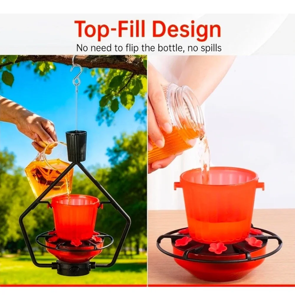 Retractable Hummingbird Feeder 18.5oz Top-Fill 6 Ports Black Red Outdoor Hanging